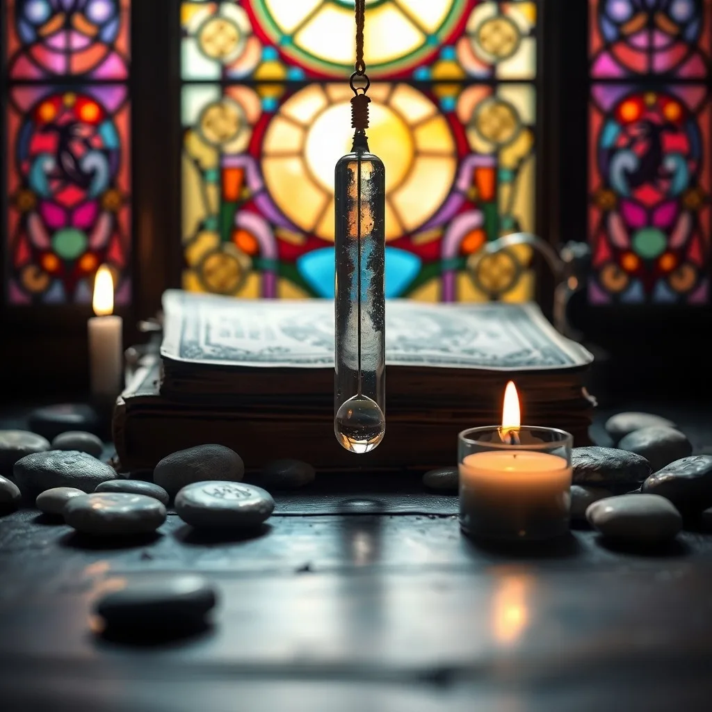 Cinematic still life of an antique brass pendulum, crystals, and a dowsing chart on a dark wooden table.