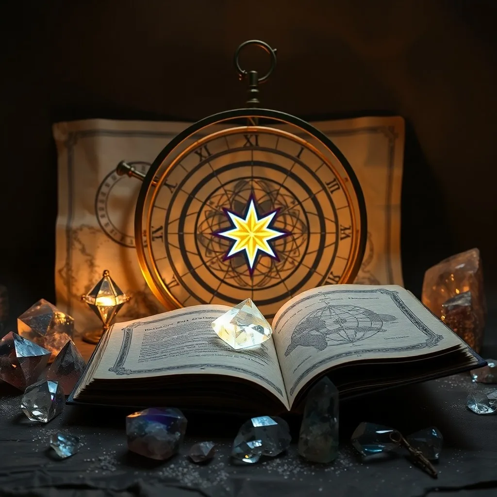 Fotografía cinematográfica de un astrolabio antiguo de latón sobre un escritorio de terciopelo, rodeado de pergaminos con símbolos astrológicos y una vela encendida, con iluminación dramática.