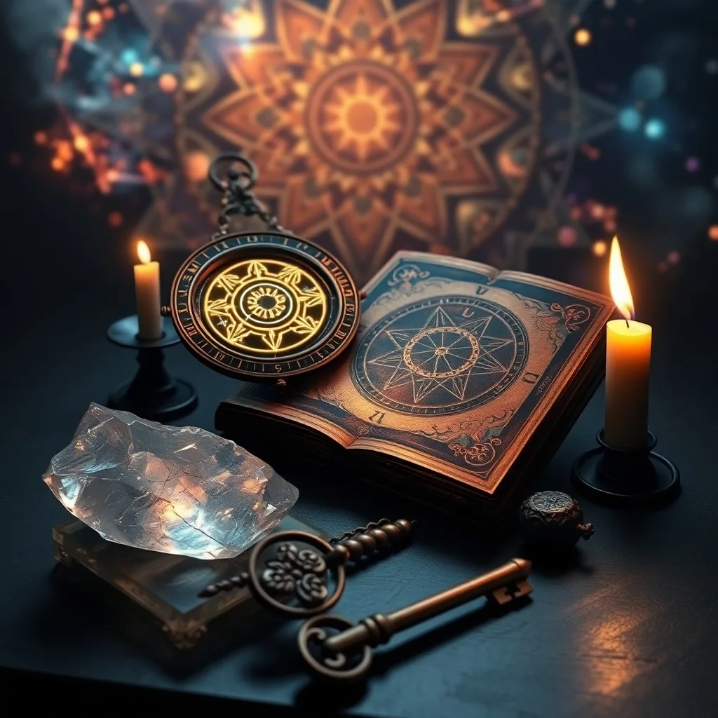 Fotografía de naturaleza muerta de un pergamino antiguo con símbolos astrológicos y grados numéricos, iluminado por la luna, con una lupa y una brújula.
