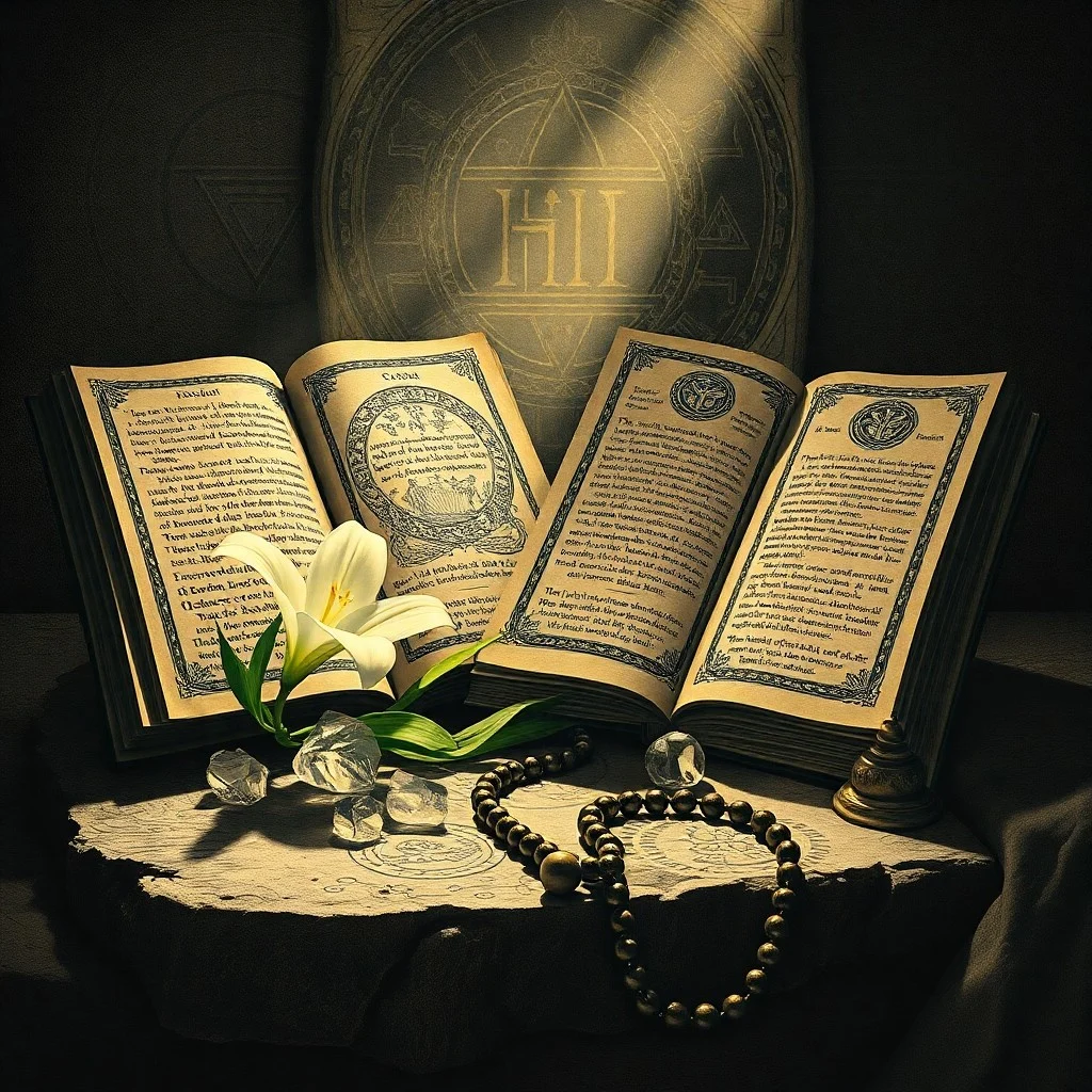 Fotografía vintage de un libro antiguo y desgastado con adornos dorados sobre un escritorio de madera, iluminado por la luz de las velas, con páginas abiertas que muestran escritura antigua.