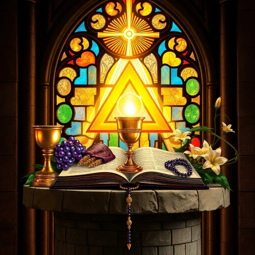 Pintura al óleo de un cáliz y una patena antiguos sobre un paño de altar bordado, con tres velas encendidas, simbolizando la comunidad y el propósito compartido.