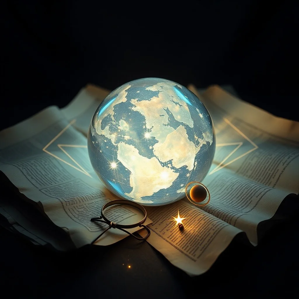 Cinematic still life of a vintage wooden desk with scattered scientific notes, a worn leather-bound journal, a compass pointing north, and an antique magnifying glass resting on a map, all bathed in soft, ethereal light.