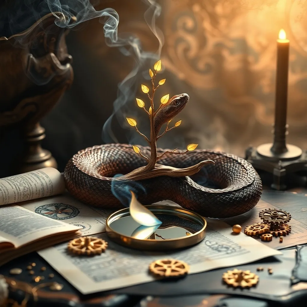 Fotografía vintage de un escritorio con un pergamino, brújula y una serpiente de madera tallada, evocando sabiduría ancestral.