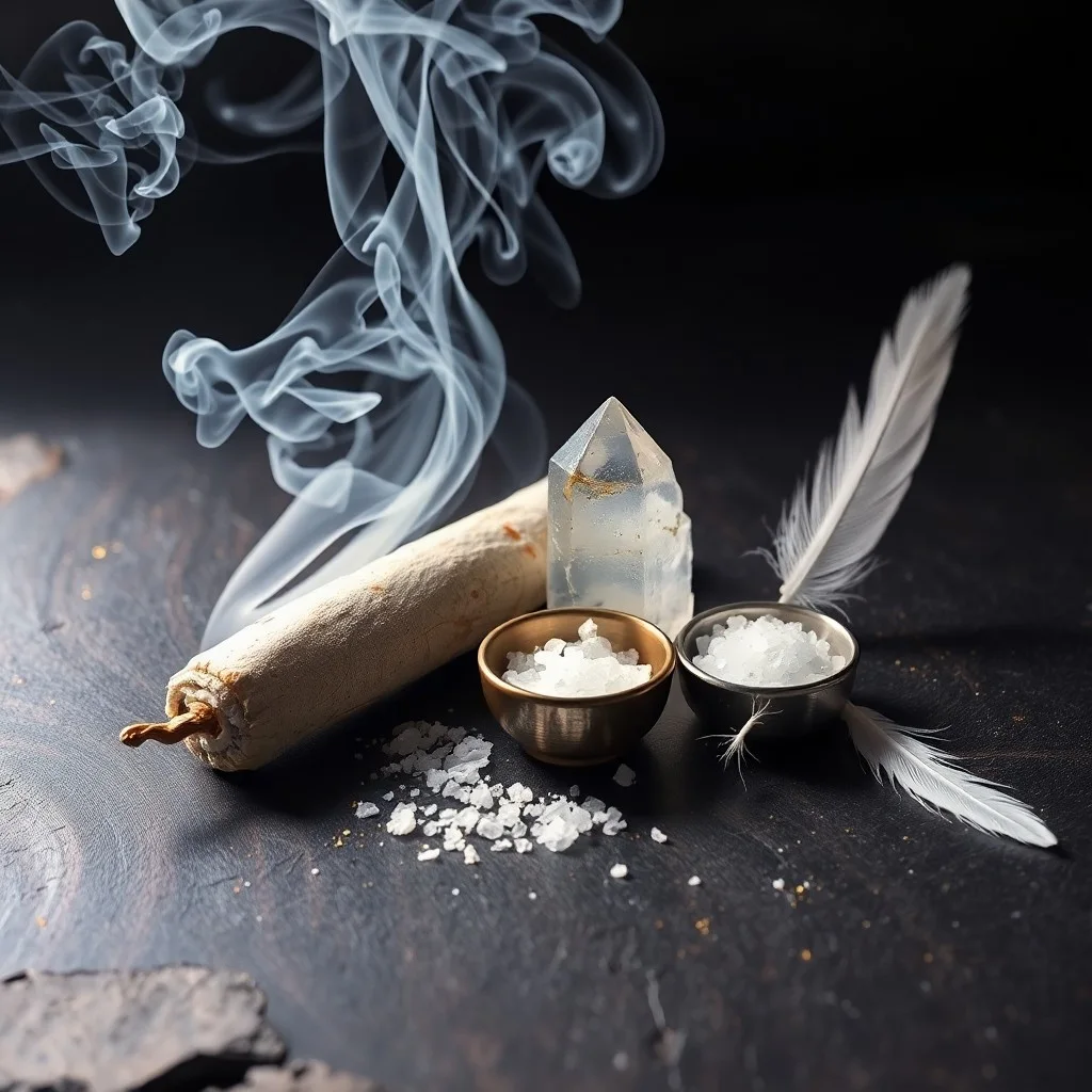 A still life with a bundle of white sage, a black tourmaline crystal, and an abalone shell on a stone surface, representing spiritual cleansing tools.
