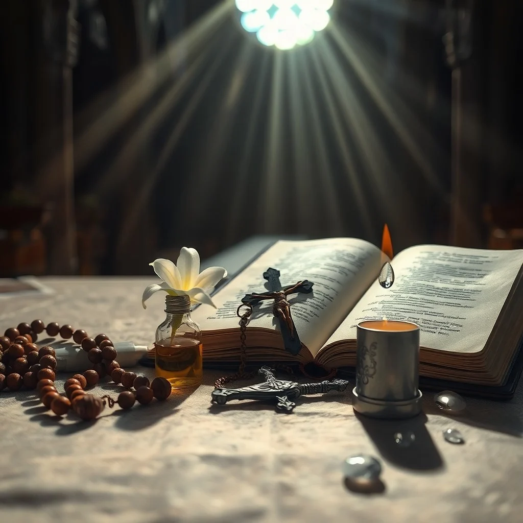 Bodegón de una Biblia abierta, medalla de San Benito y vela encendida, simbolizando protección y guía espiritual.