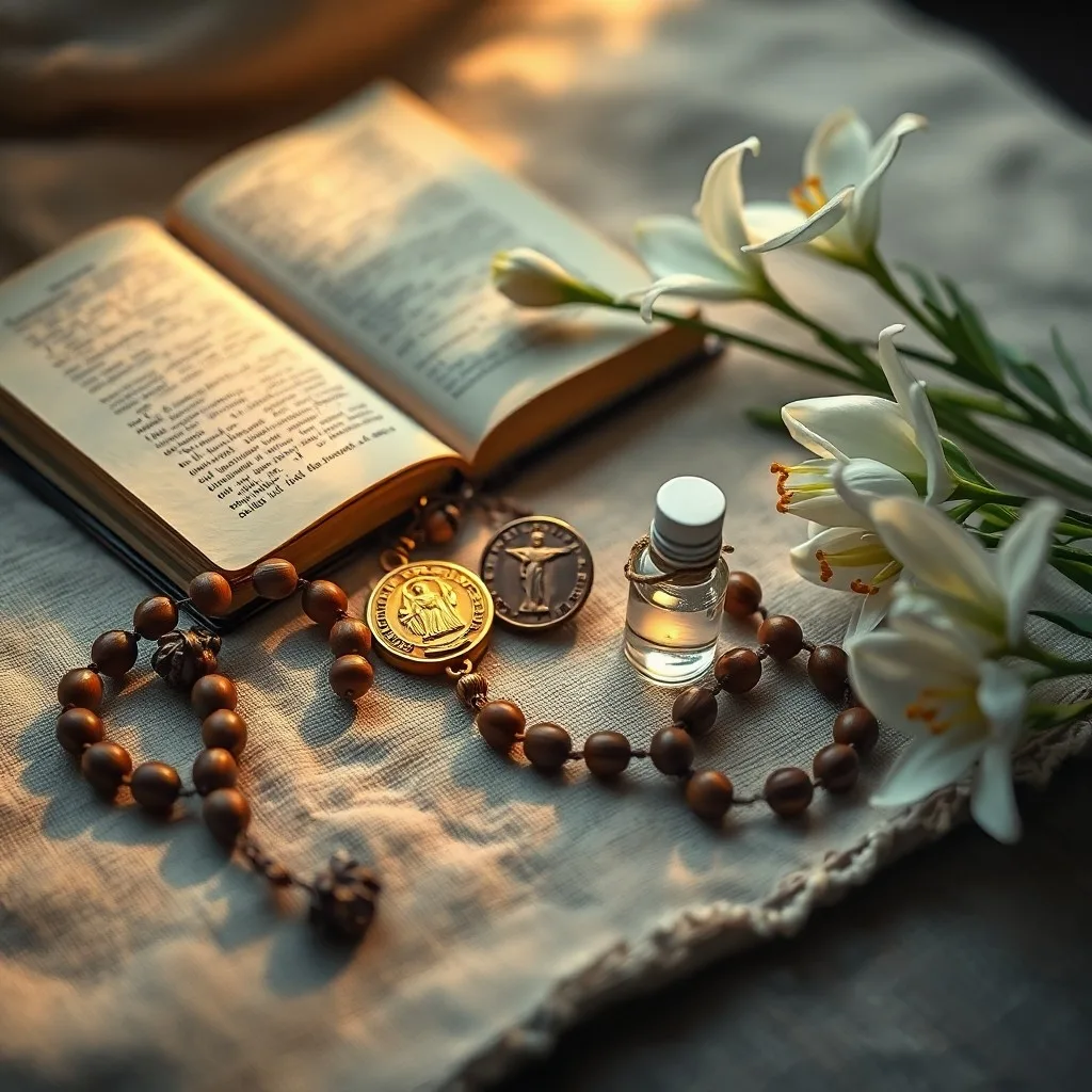Bodegón de un escapulario desgastado sobre un libro de oraciones y una rosa blanca, simbolizando gracia, devoción y confort espiritual diario.