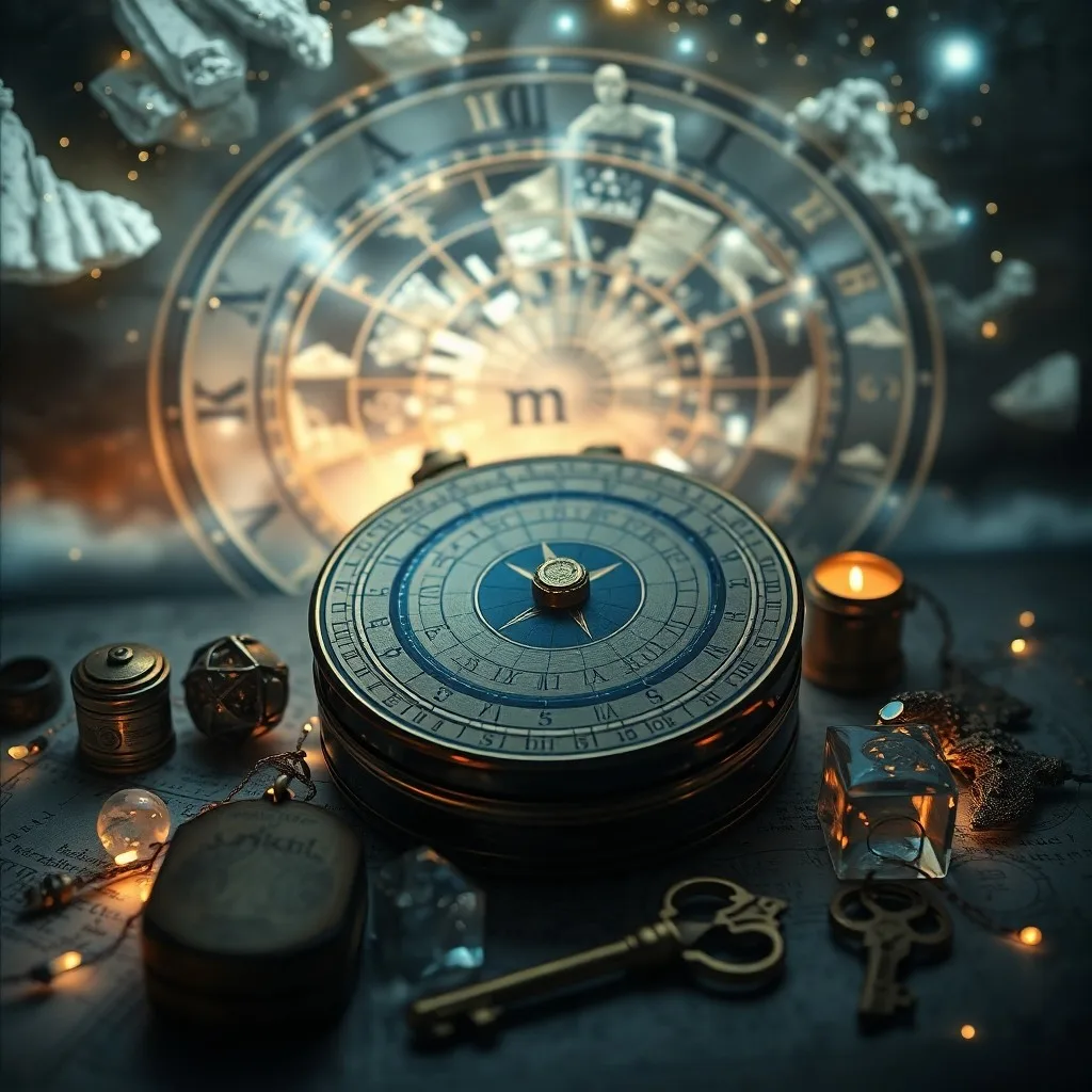 Arte conceptual, bodegón cinematográfico de una bola de cristal iluminada que refleja una representación abstracta de un camino cósmico o árbol de decisiones. Alrededor, piedras pulidas en forma de calendario diario, cada una brillando. Atmósfera misteriosa e intuitiva.