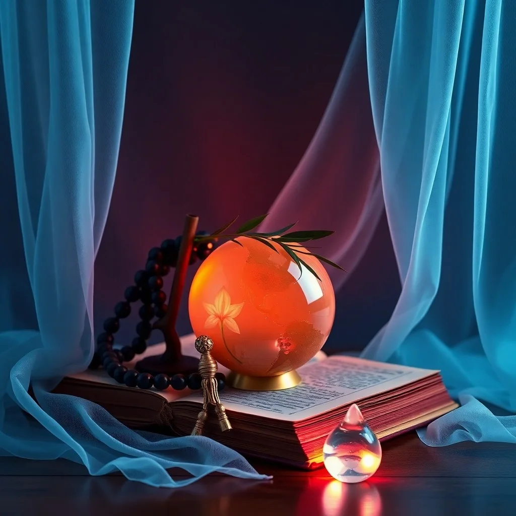 Libro de oraciones abierto sobre una mesa de madera antigua, iluminado por la llama de una vela, con una piedra pulida al lado, en estilo de bodegón cinematográfico.