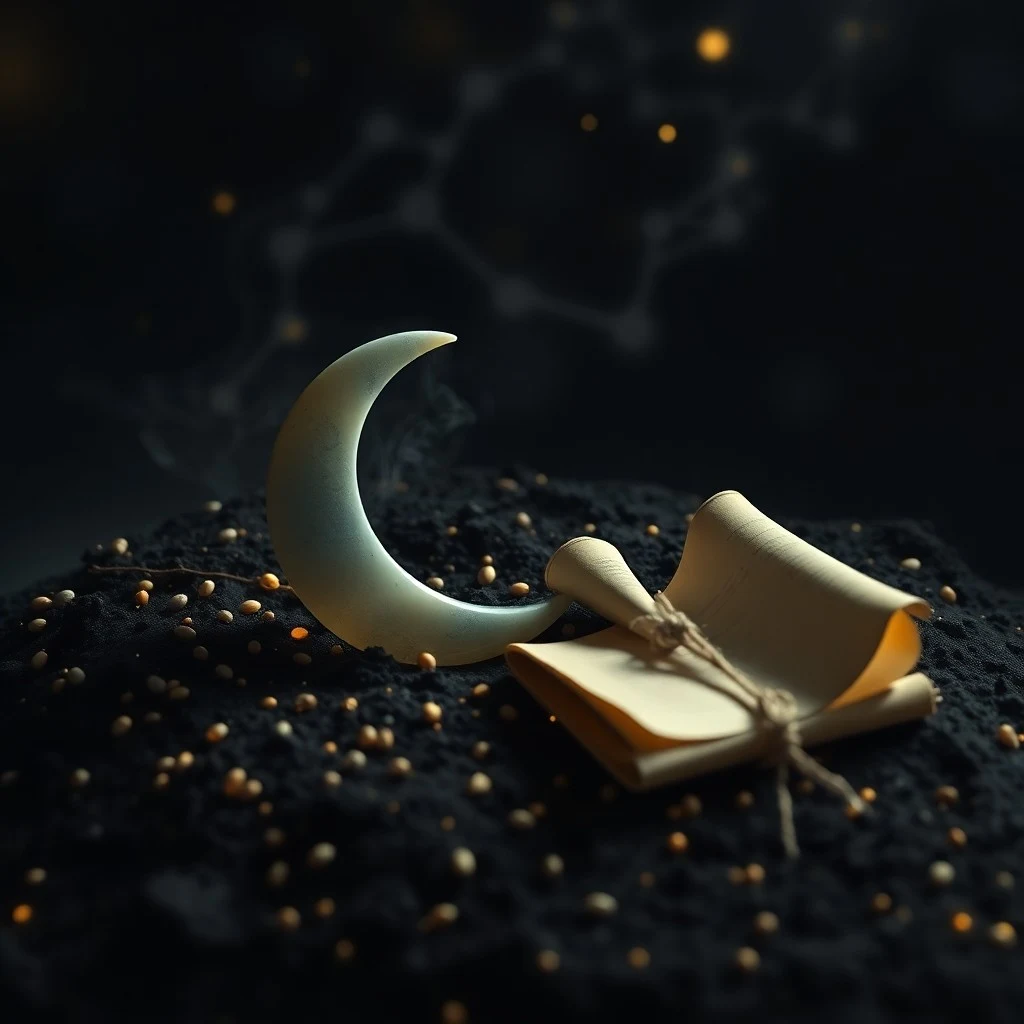 Render 3D de una piedra pulida con forma de semilla sobre arena oscura, con un brillo etéreo, simbolizando el potencial latente y el inicio de un nuevo ciclo.