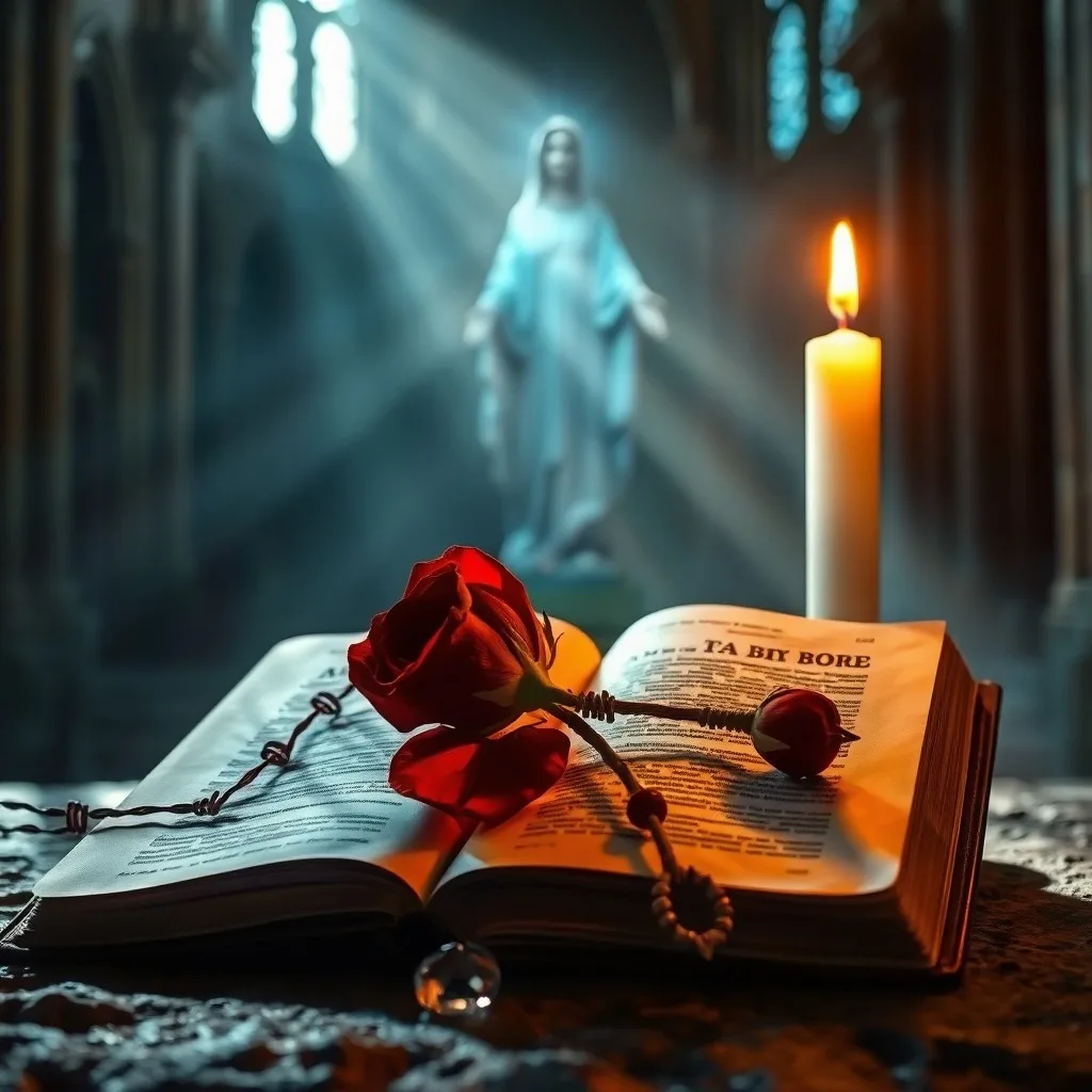 Biblia abierta con cruz y rosa, simbolizando la fe y el sacrificio