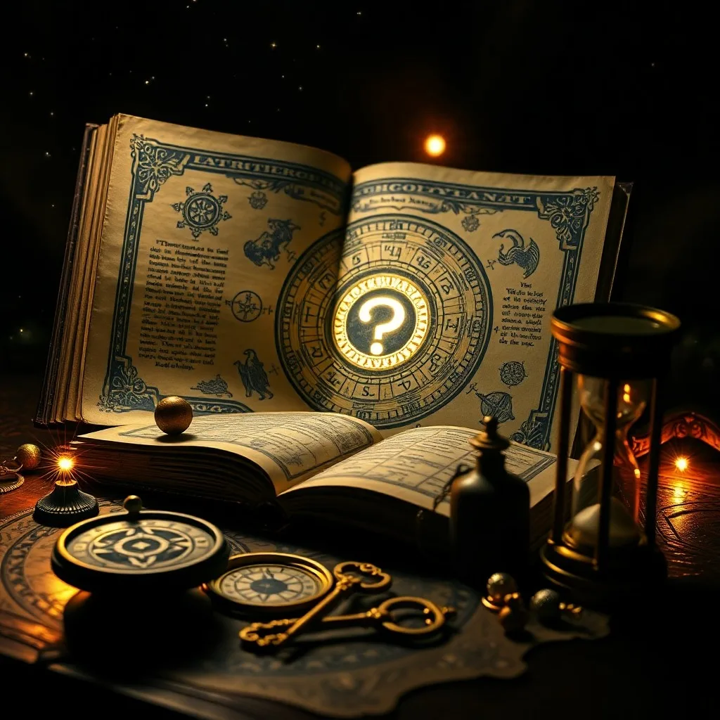 Vintage photograph of an antique astrological book open on a desk, surrounded by brass instruments and illuminated by a shaft of light.