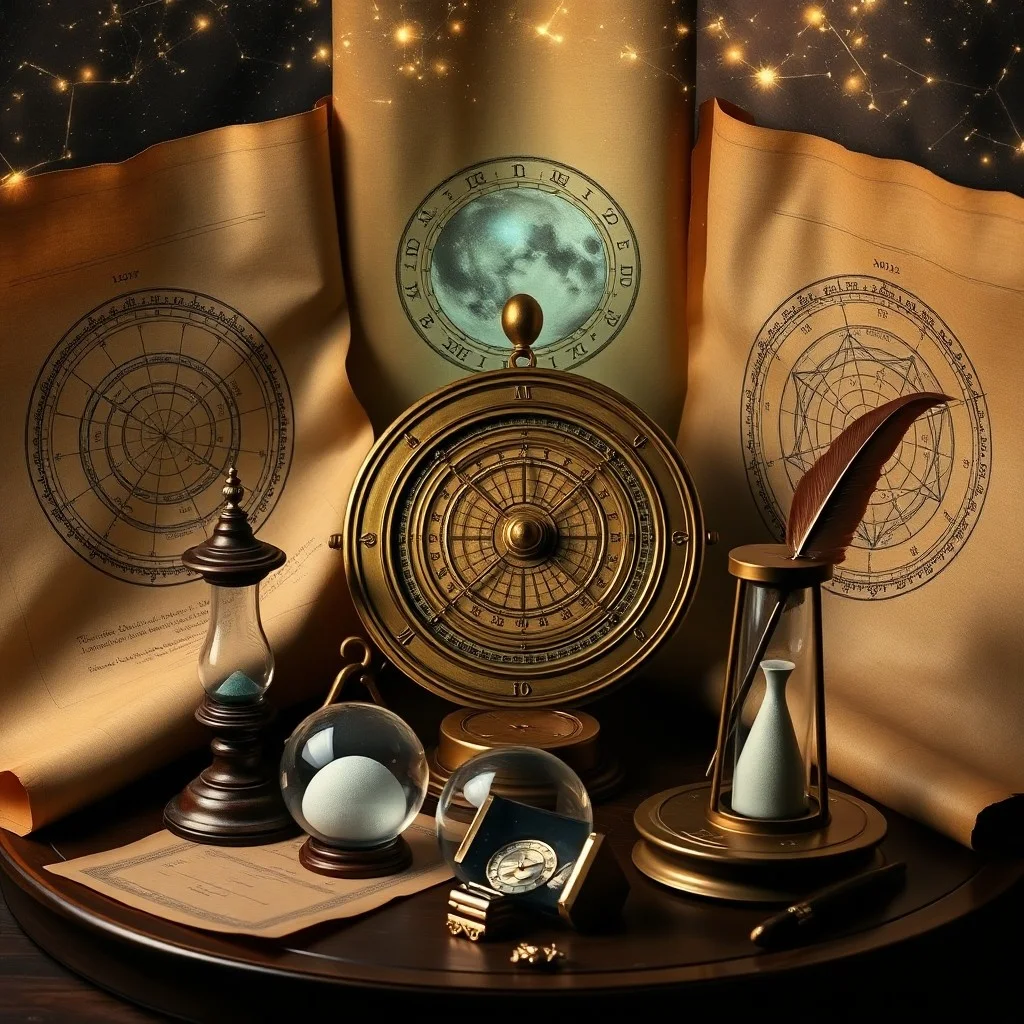 Astrolabio antiguo sobre un libro de cuero, con una pluma y un reloj de arena, luz filtrada.