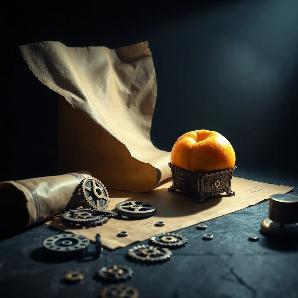 Cinematic still life of an antique desk with a theatrical mask, old playing cards, and a hidden card, symbolizing deception.
