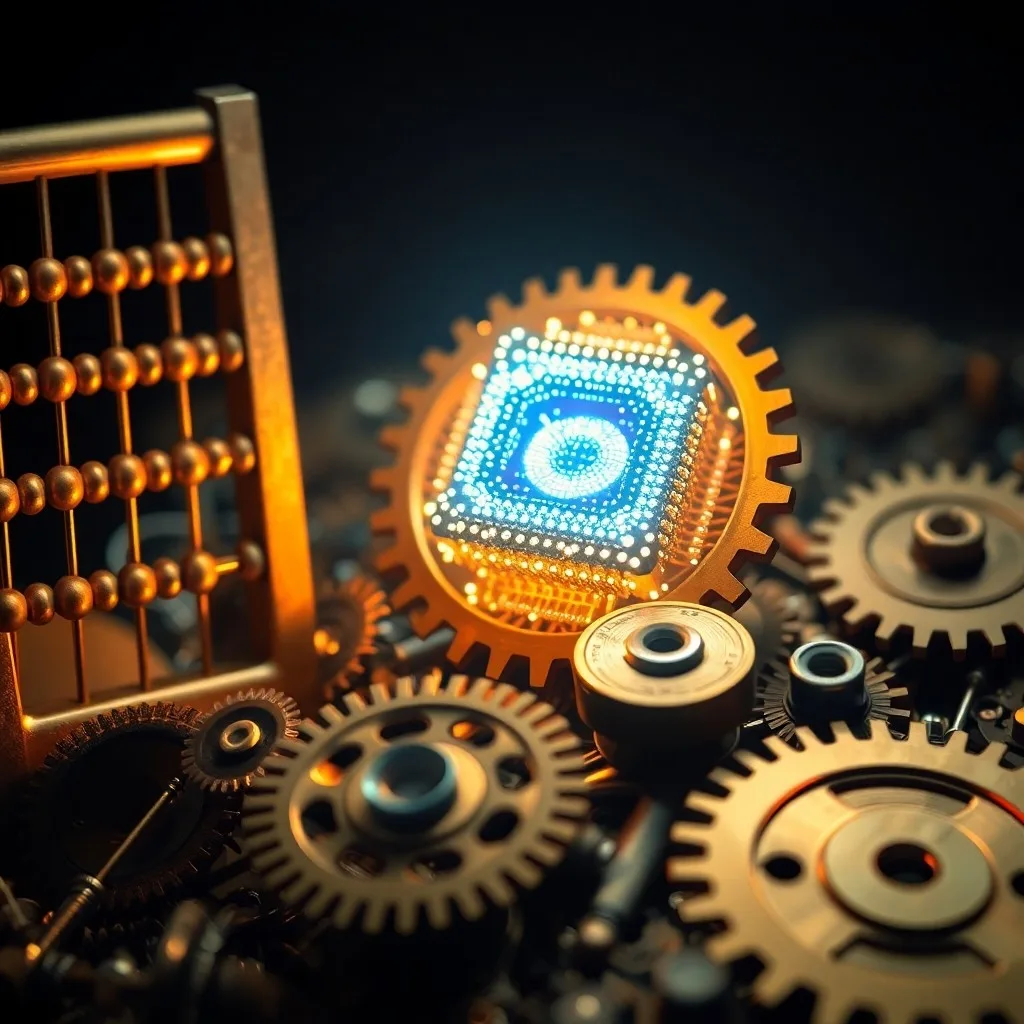 Renderizado 3D de un chip de procesador cuántico futurista con luces azules y moradas, sobre una superficie oscura y reflectante.