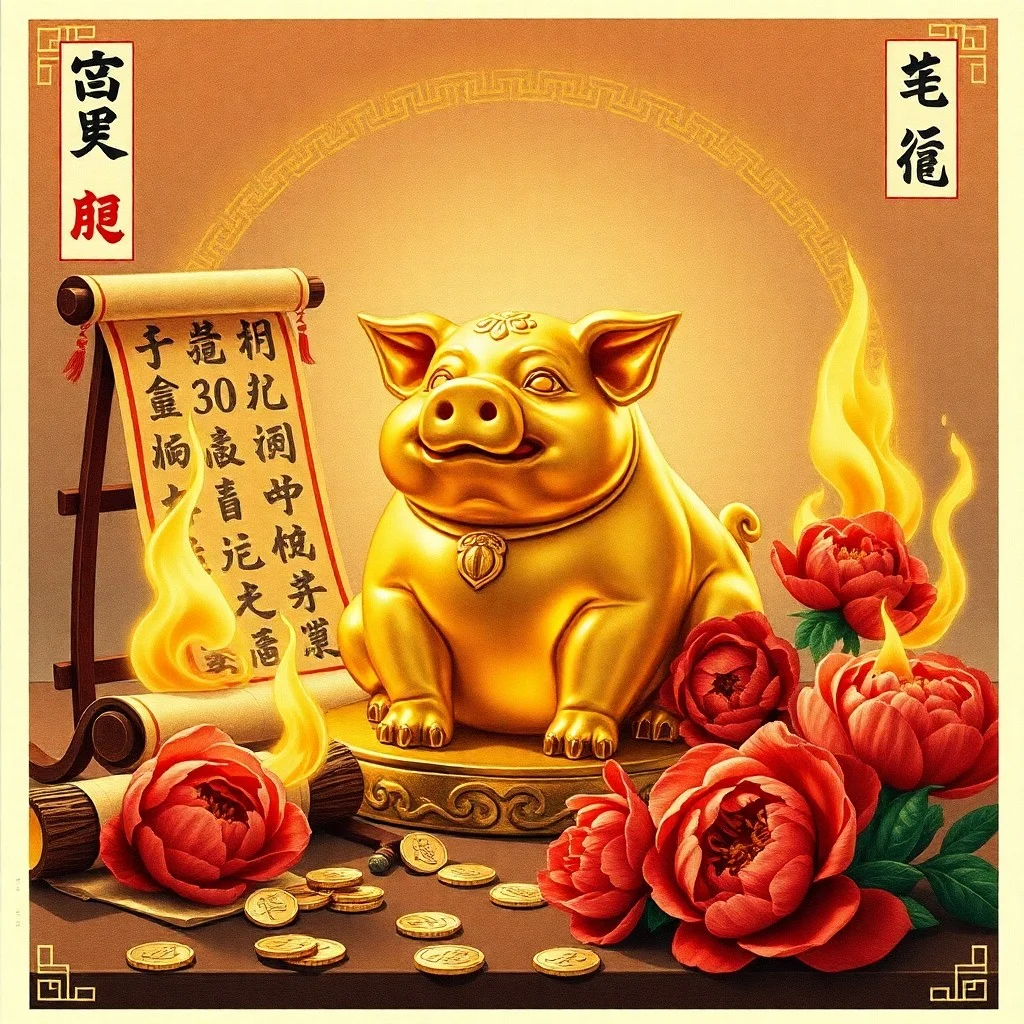 Fotografía macro de antiguos pergaminos chinos con una figura de cerdo dorado