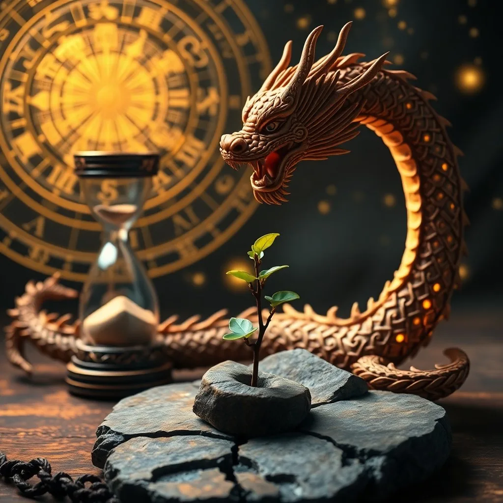 Arte conceptual de engranajes de madera translúcidos interconectados, que representan ciclos elementales, girando en un vacío cósmico. Un engranaje más grande brilla con luz verde, simbolizando la influencia del Dragón de Madera, rodeado de patrones de polvo estelar.