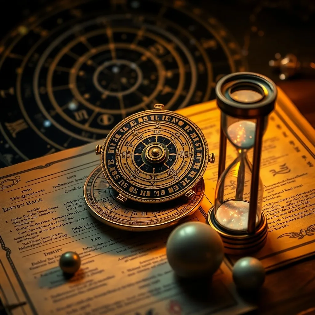 Bodegón cinematográfico de antiguos manuscritos de hojas de palma, una lámpara de aceite parpadeante y un astrolabio de latón sobre una mesa de madera oscura.