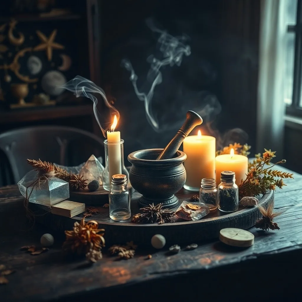 Still-life photography of an antique wooden table adorned with dried lavender bundles, a small mortar and pestle, a hand-stitched grimoire open to a page on protection spells, soft candlelight illuminating the scene, a sense of ancient wisdom, rich textures, NO humans, NO faces, NO people.