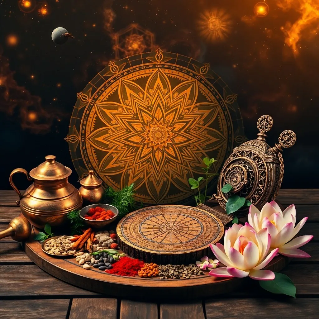 Esferas de energía Vata, Pitta, Kapha en un altar de piedra, iluminadas por glifos sánscritos.