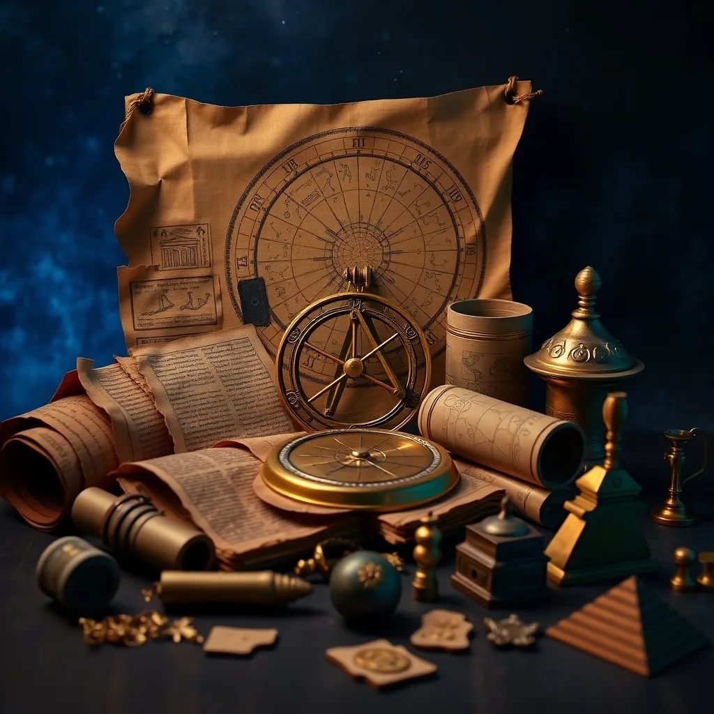 Fotografía cinematográfica de bodegón de tablillas de arcilla con escritura cuneiforme y un astrolabe de bronce sobre piedra, bajo una luz dramática.