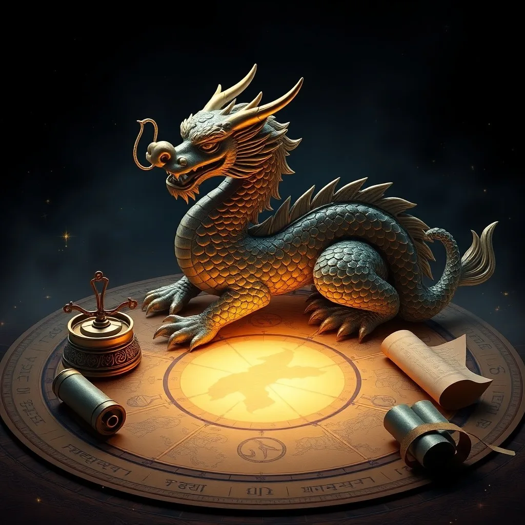 Still life of an ancient Chinese zodiac scroll with cosmic orbs and a vintage compass, symbolizing destiny.