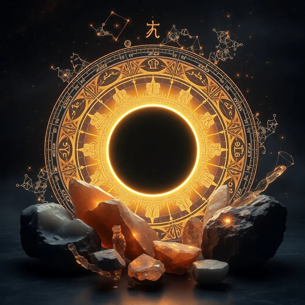 Bodegón cinematográfico de piedras de obsidiana y cristales sobre un altar minimalista, reflejando la luz de una luna creciente estilizada, con niebla sutil y una nebulosa de fondo.