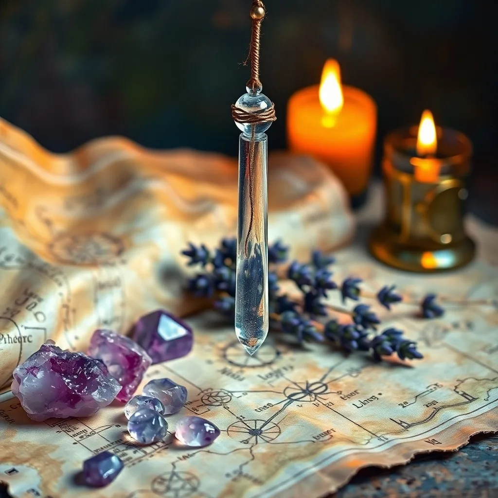 A still life photograph of various crystal pendulums resting on a velvet cloth, with dowsing charts in the background, showcasing different materials and forms.