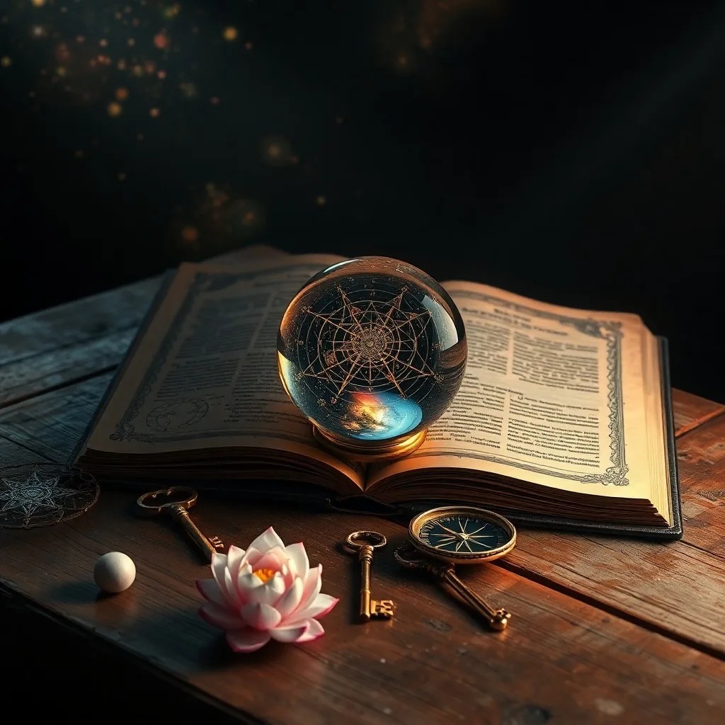 Arte conceptual de una brújula delicada y brillante hecha de polvo de estrellas, apuntando hacia un vórtice abstracto de luz y color que representa el destino y el camino espiritual, sobre un fondo cósmico oscuro.