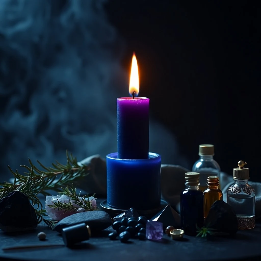 Digital 3D render of a vortex of energy from white and black chime candles on an obsidian altar