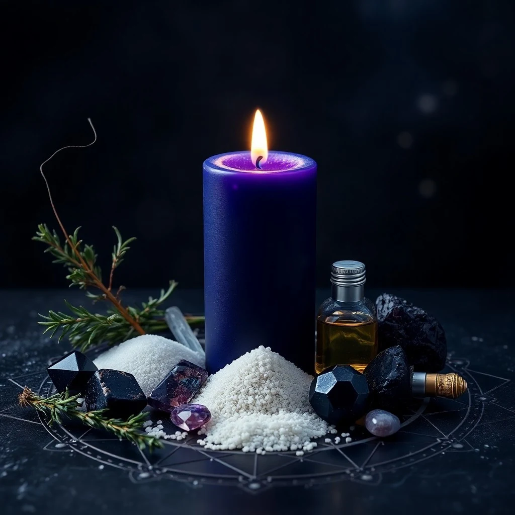 Oil painting of ancient spell books, a beeswax candle, mortar, pestle, and oil vial