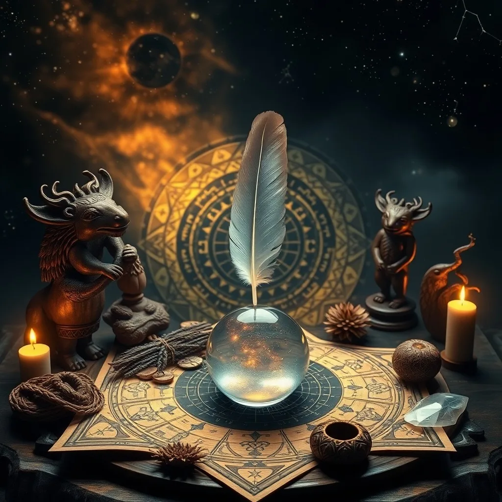 Libro antiguo abierto con carta astrológica y símbolos chamánicos, junto a un cristal brillante en un altar de madera.