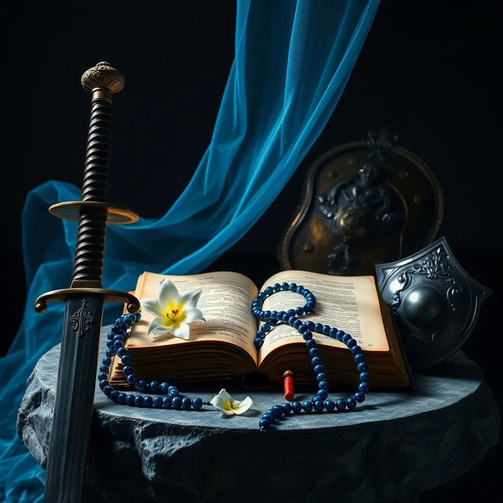 Pintura al óleo de un escudo ornamental con un emblema de cruz, reflejando una estrella radiante en un fondo de galaxia.