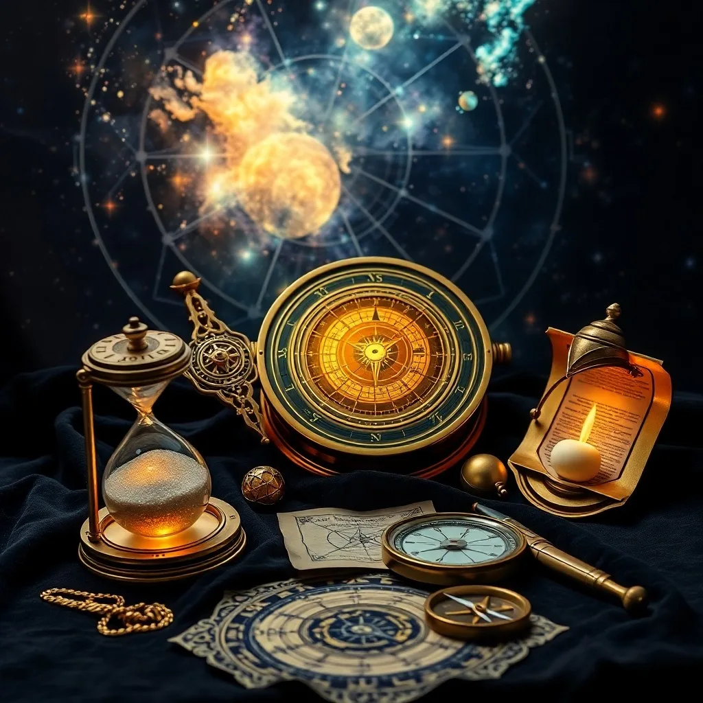 Astrolabio antiguo sobre un libro de astrología, con luz de vela.