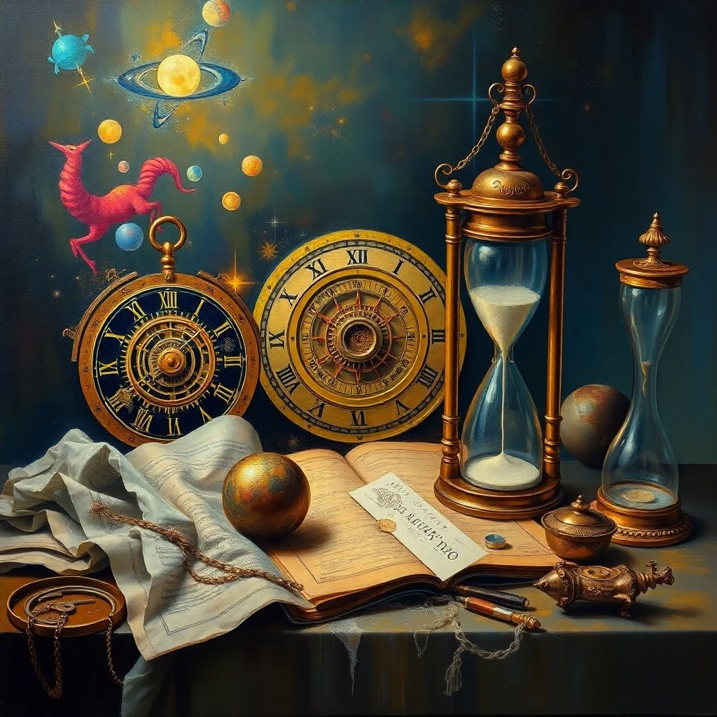 Reloj de arena cósmico con arena de estrellas y planetas flotando.