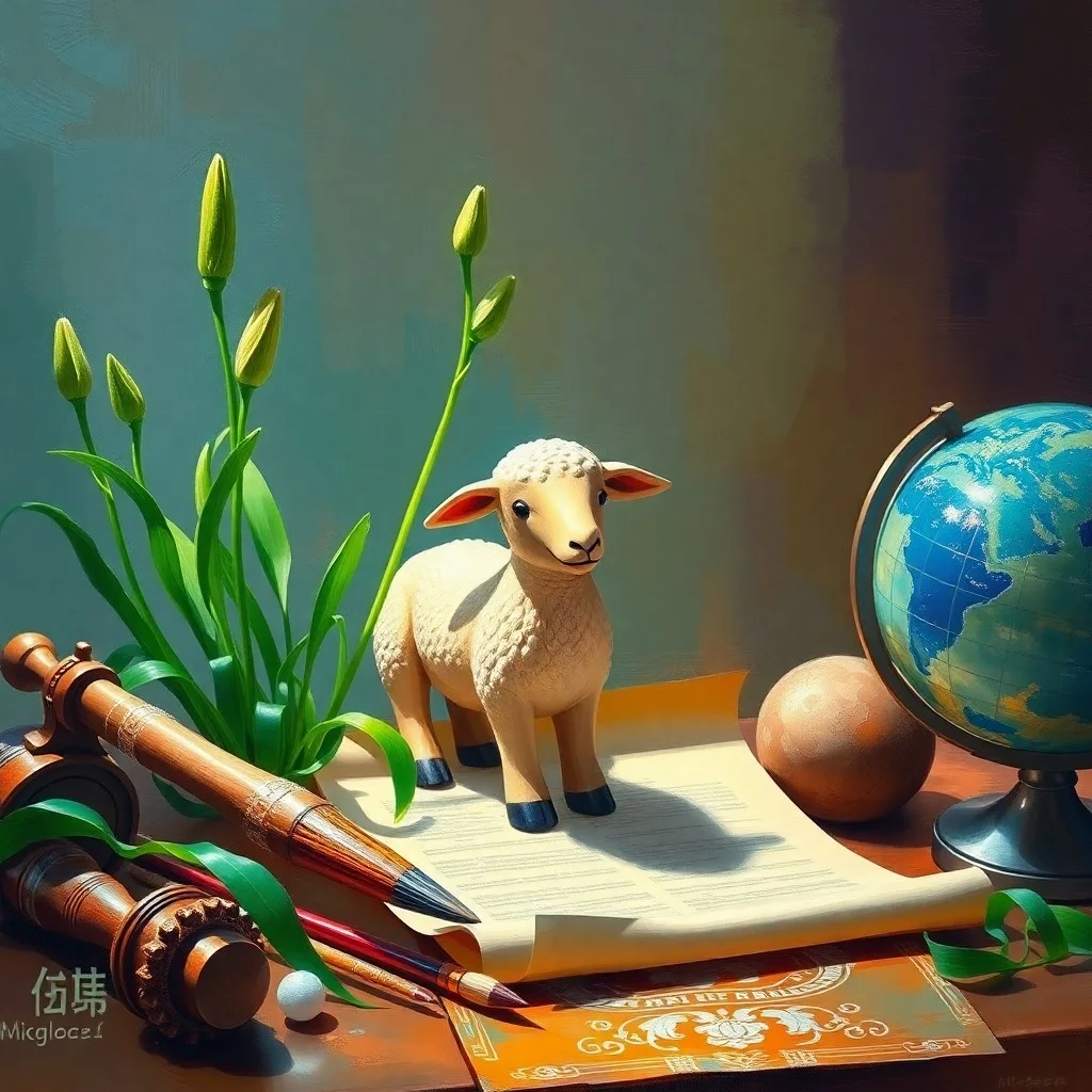 Antique Chinese calligraphy tools on a silk scroll, symbolizing the artistic and traditional essence of the Chinese Zodiac.