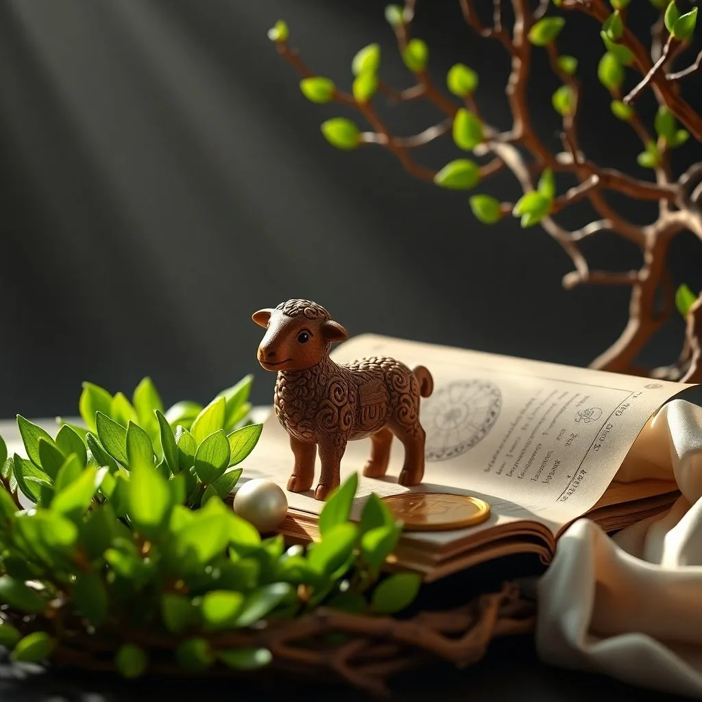 Abstract conceptual art of a crystal sheep figurine over a green and gold light vortex, symbolizing prosperity and growth for the Sheep zodiac.