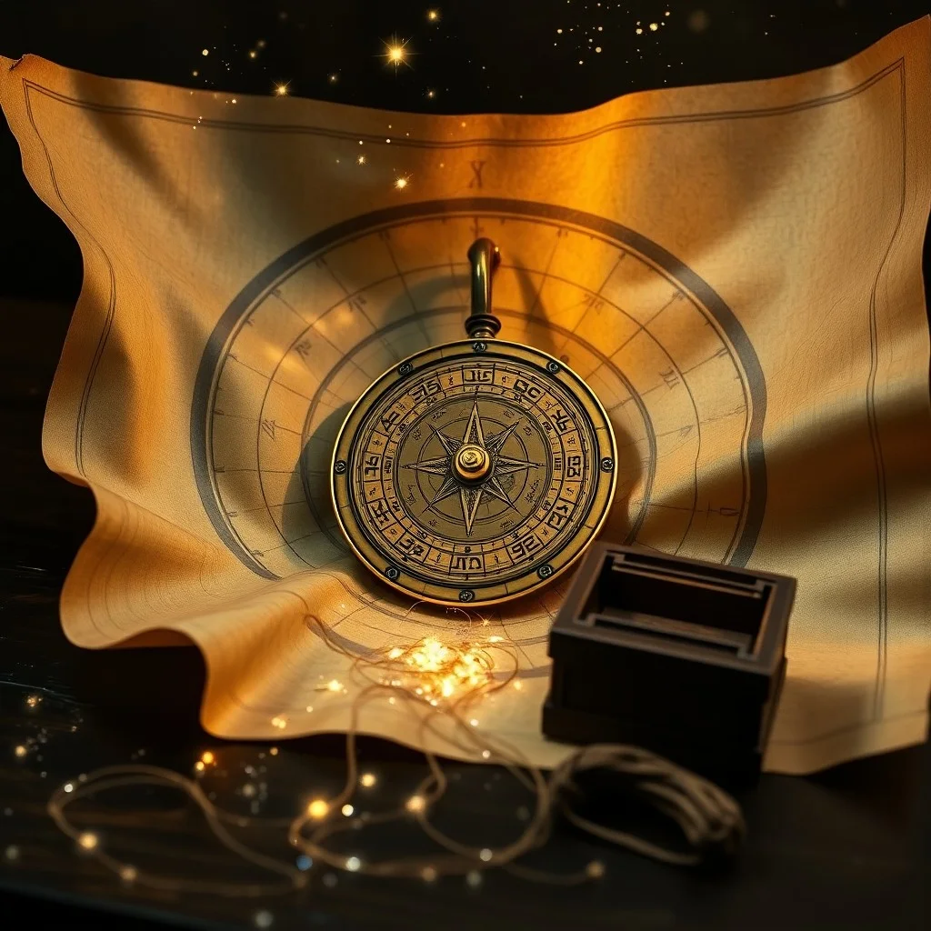 Fotografía de bodegón cinematográfico de un libro antiguo titulado 'Anales Akáshicos' abierto sobre una mesa de madera, con cartas astrales y una lupa, iluminado por la luz de las velas.