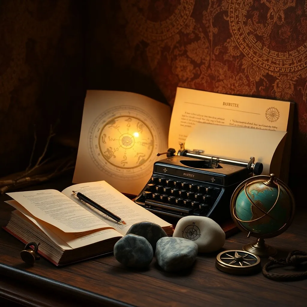 A vintage typewriter on a wooden desk, surrounded by old letters and maps, illuminated by soft light.