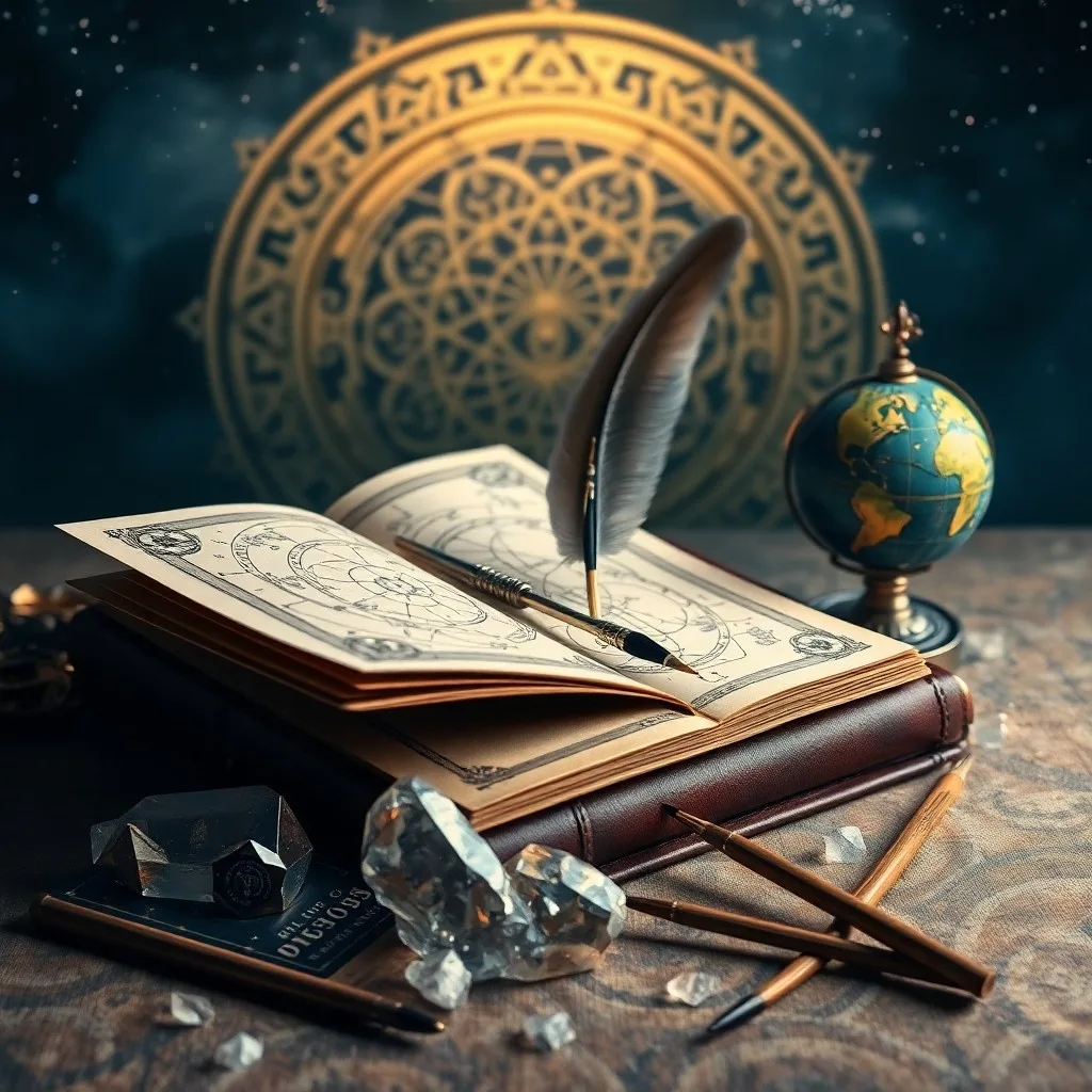 Cinematic still life of a vintage telescope, an open journal with astrological symbols, a watercolor painting, and a glowing crystal.