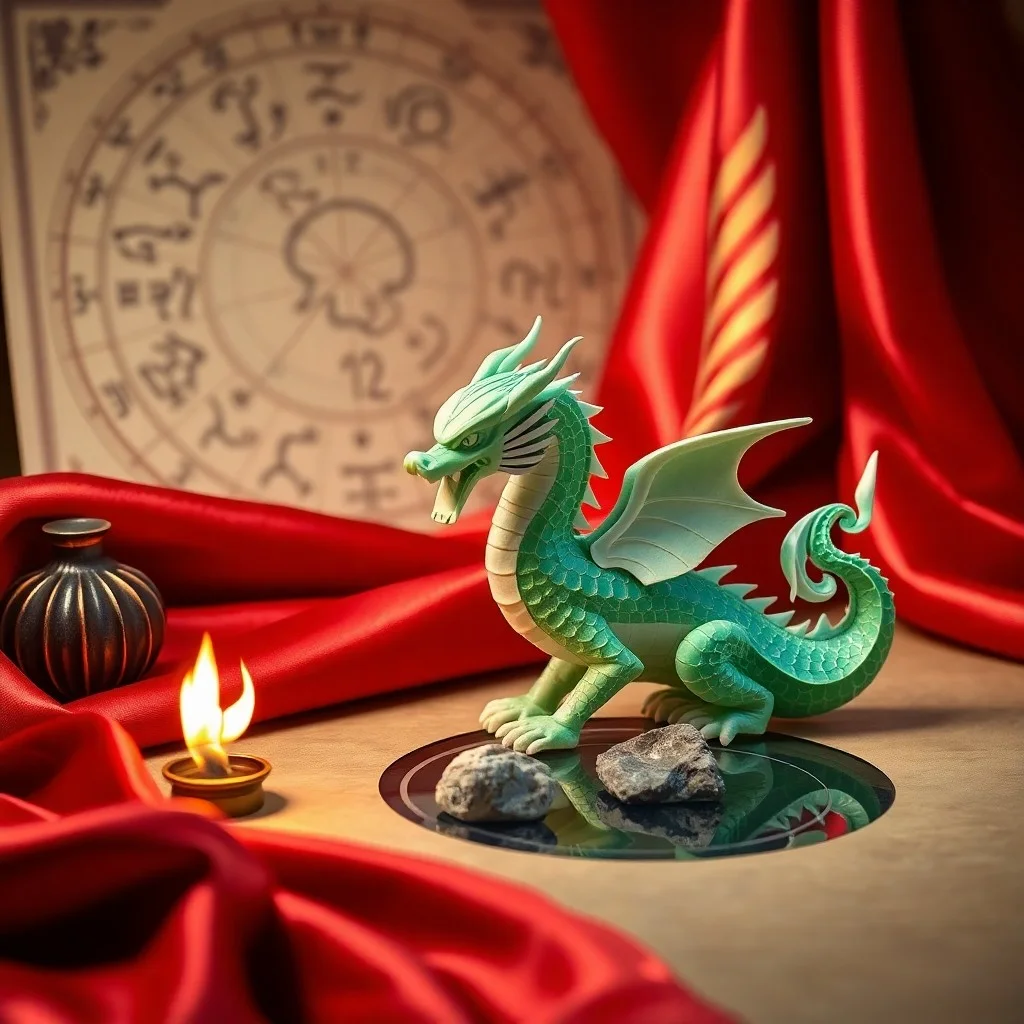 A cinematic still life featuring a powerful, ancient jade dragon statue resting on a dark, polished wood pedestal, surrounded by flickering golden flames and a swirling mist. Intricate details and dramatic shadows highlight its majesty.