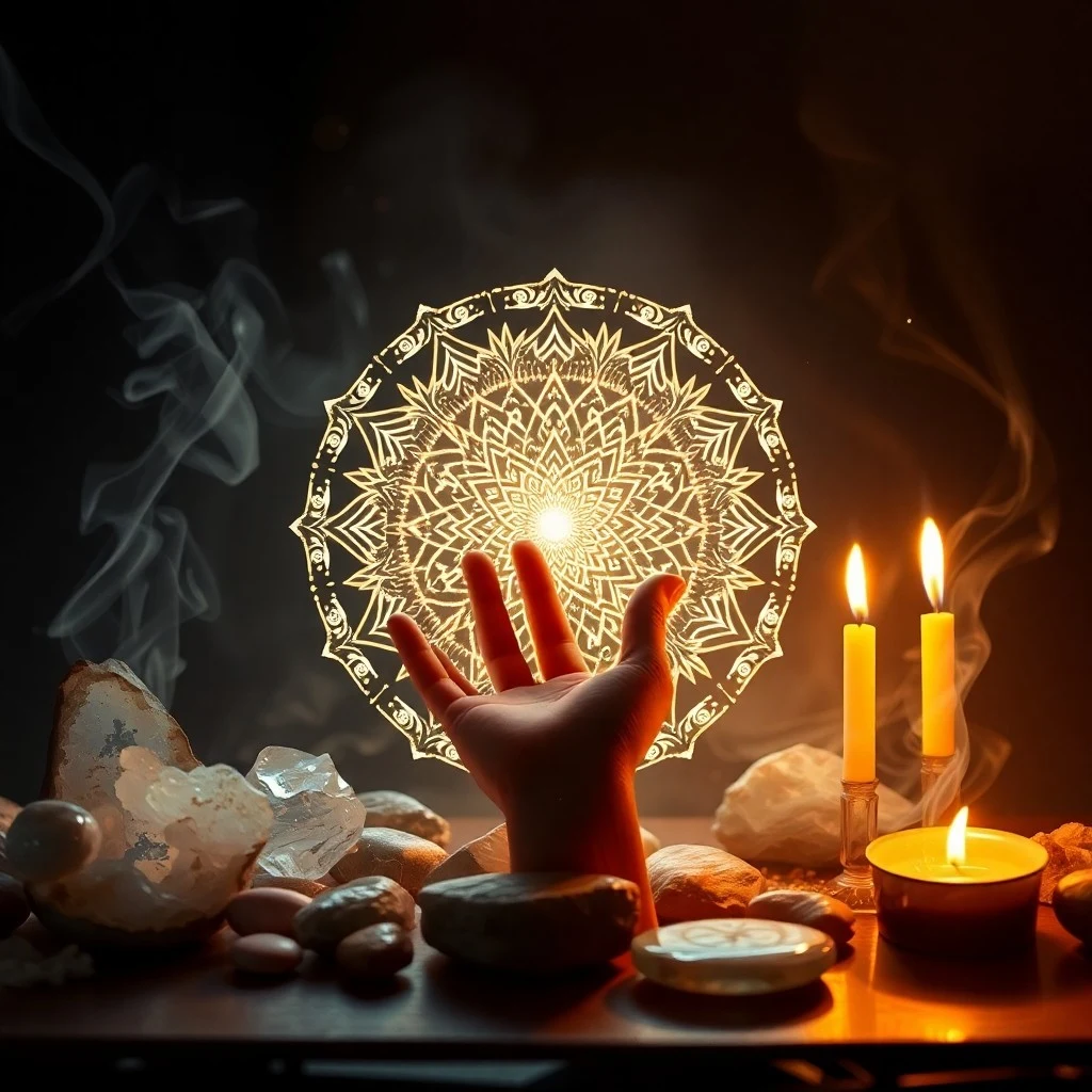 Fotografía cinematográfica de un mandala terminado que brilla suavemente en primer plano, con una figura borrosa meditando al fondo.