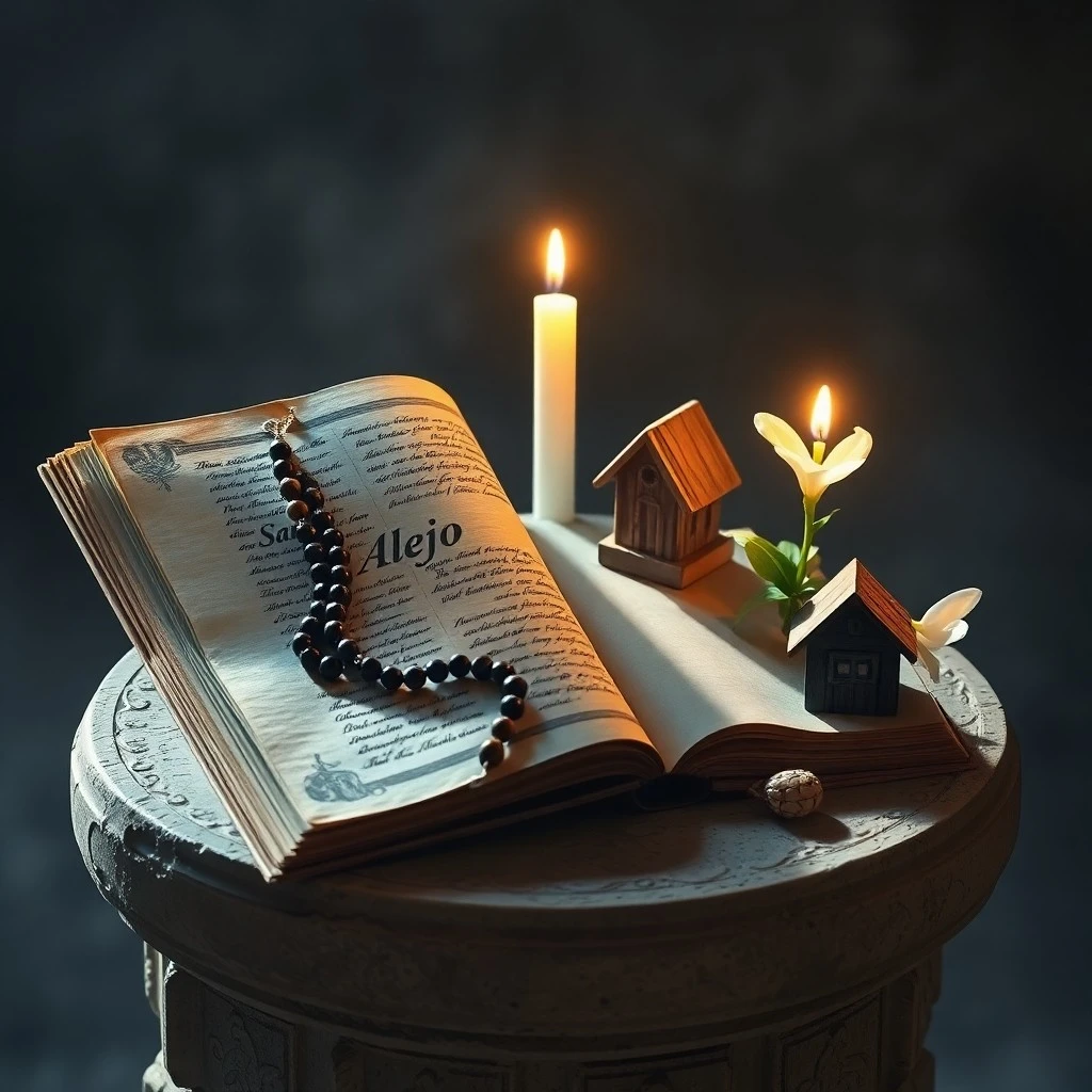 Fotografía macro de un antiguo libro de oraciones abierto sobre un altar de madera rústica, iluminado por la suave luz de velas parpadeantes. Un rosario de cuentas oscuras descansa junto al libro, creando una atmósfera de devoción y antigüedad. El enfoque está en los detalles del papel envejecido y la textura de la madera.