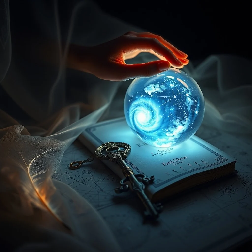 Diario de sueños antiguo abierto sobre cojín de terciopelo, con piedras de río y pluma, bajo luz de luna