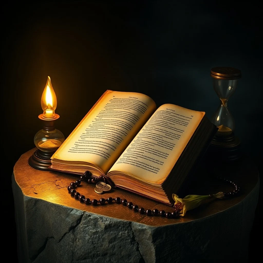 Una Biblia antigua abierta en un escritorio de madera con luz de vela, simbolizando la sabiduría de las escrituras proféticas.