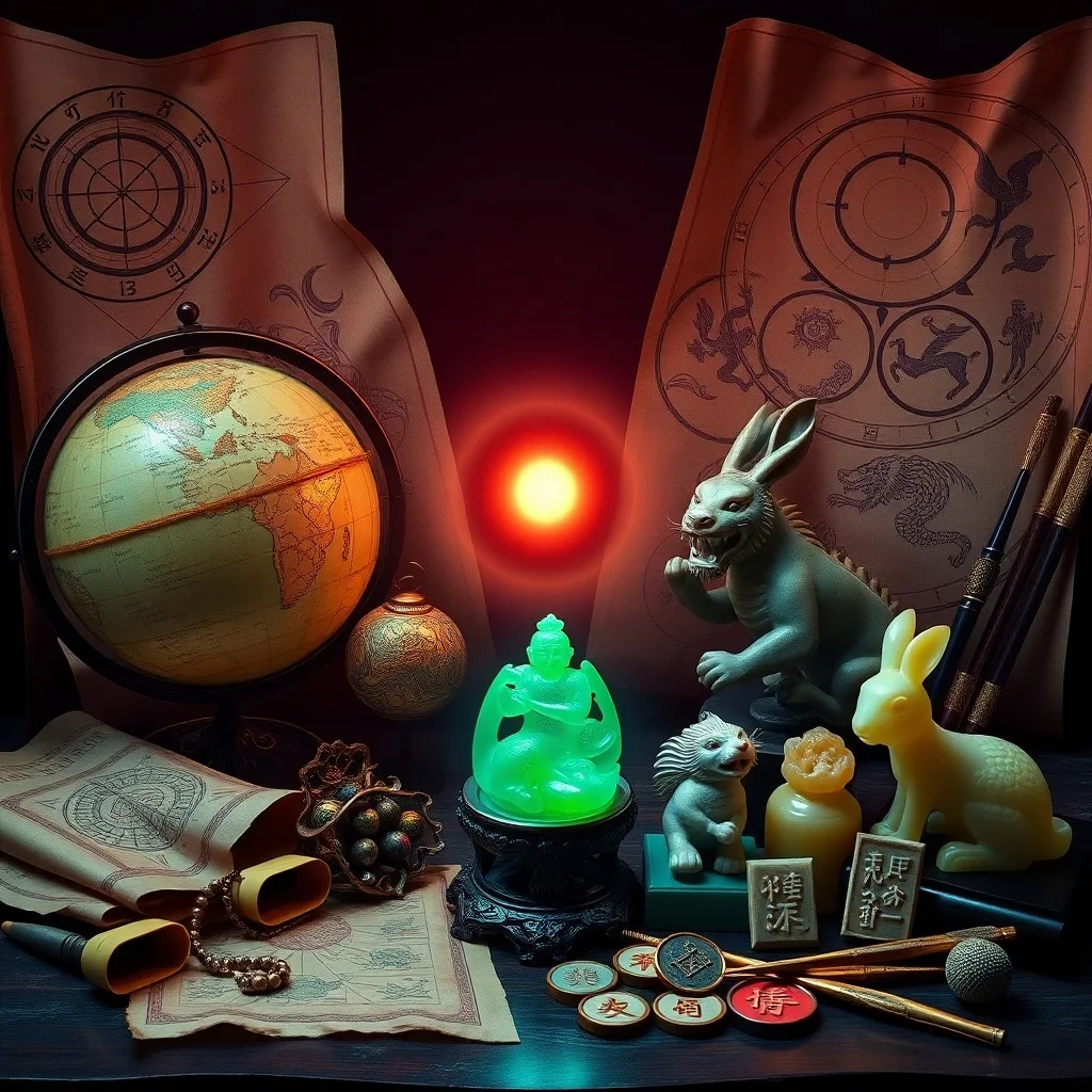 Oil Painting, a serene still life featuring a traditional Chinese calligraphy brush and ink stone beside a scroll depicting a dragon and a tiger in a dynamic pose, a small, polished jade ornament nearby, muted earthy tones, highly detailed brushstrokes, atmospheric lighting, no humans, no text.