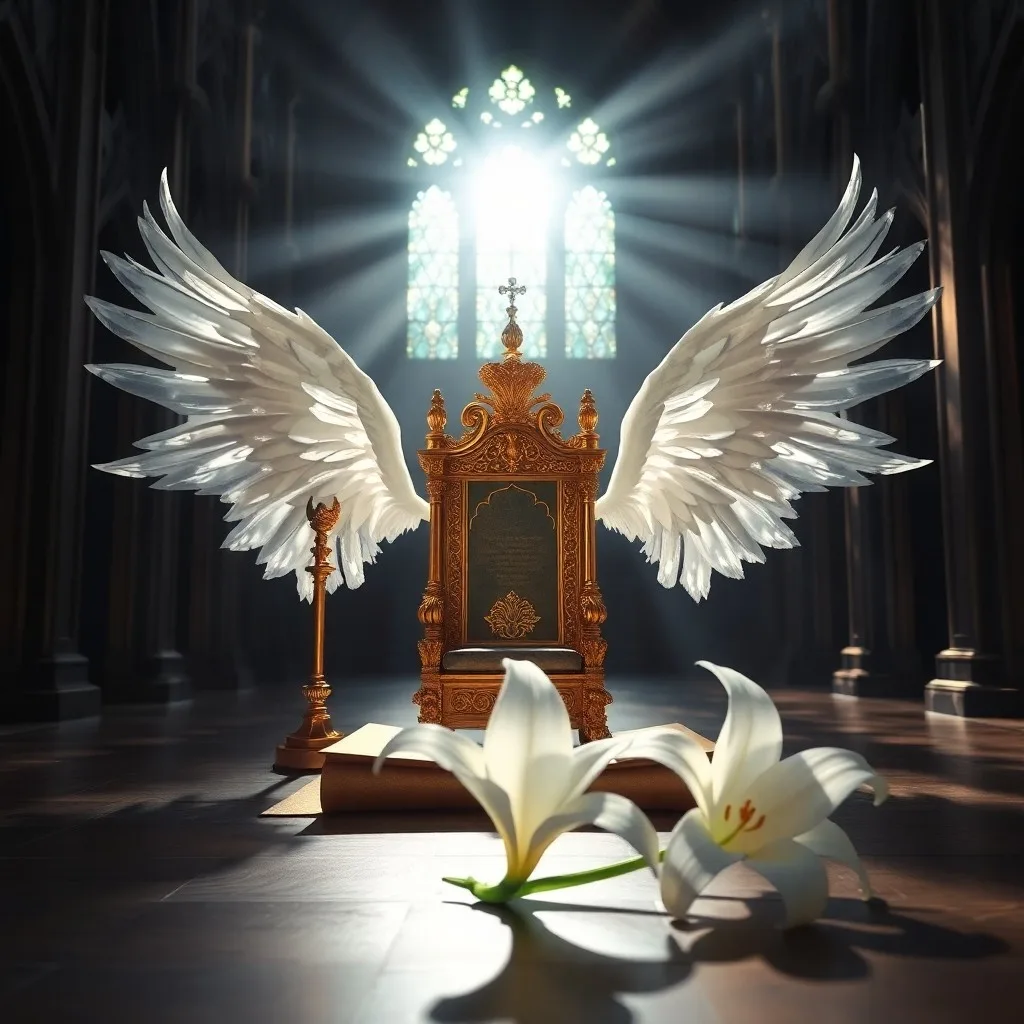Pintura al óleo de un trono de madera antiguo y ornamentado, tallado con símbolos de justicia y estabilidad, bañado en luz dorada sobre un pedestal de nubes.