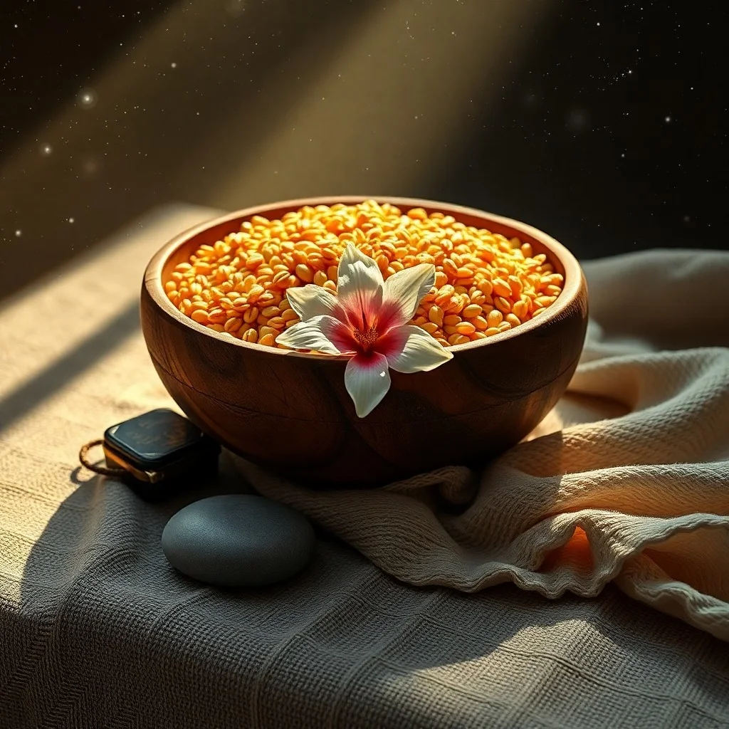 Cinematic still life photography of an antique journal, dried flower, and polished stone, symbolizing loss and healing.