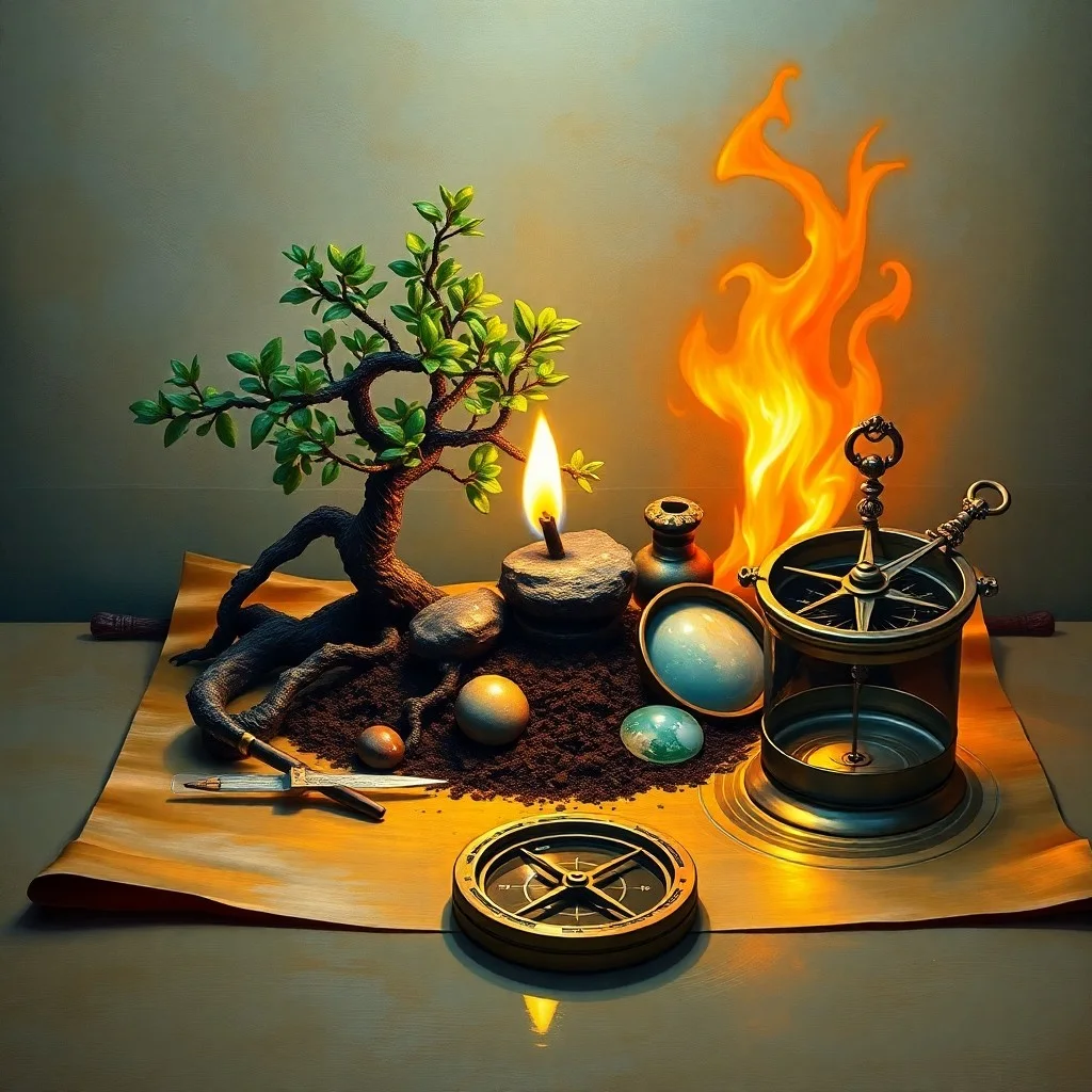 Still-life photograph showing a wooden plant growing from earth, water flowing, a metallic pot, and candlelight, symbolizing the generating cycle.