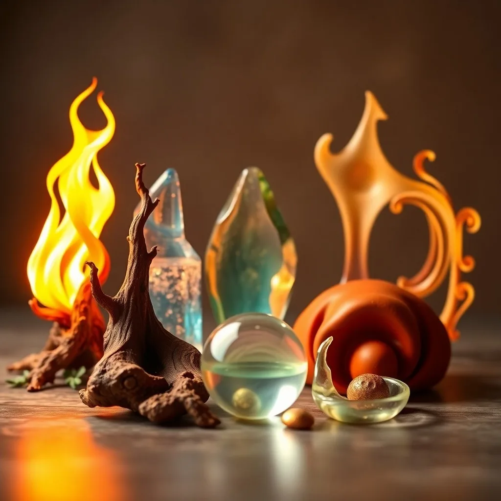 Conceptual art depicting a metal axe cutting wood, dry earth, water extinguishing fire, and a rock breaking wood, symbolizing the controlling cycle.