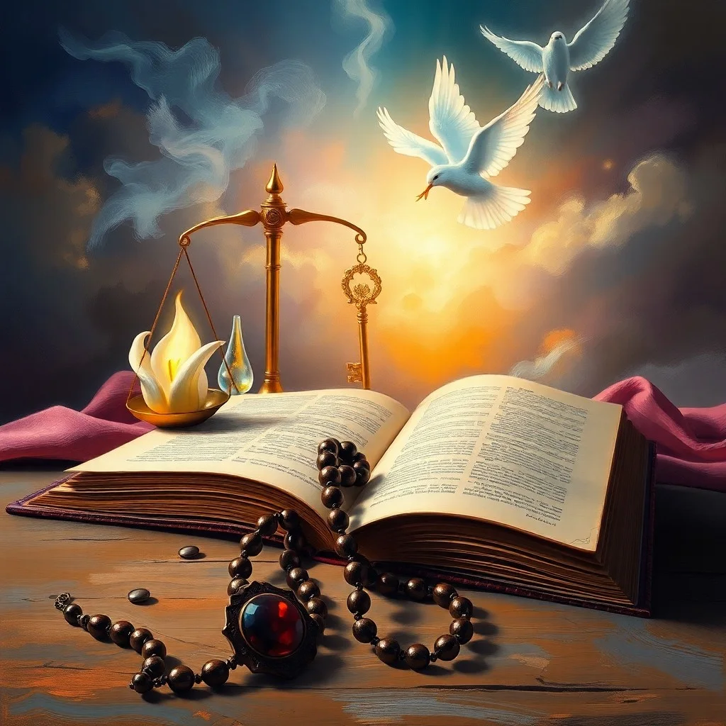 Un reloj de arena antiguo sobre un altar, con una llama purificadora y un libro, simbolizando el Purgatorio como un estado de espera y limpieza espiritual.